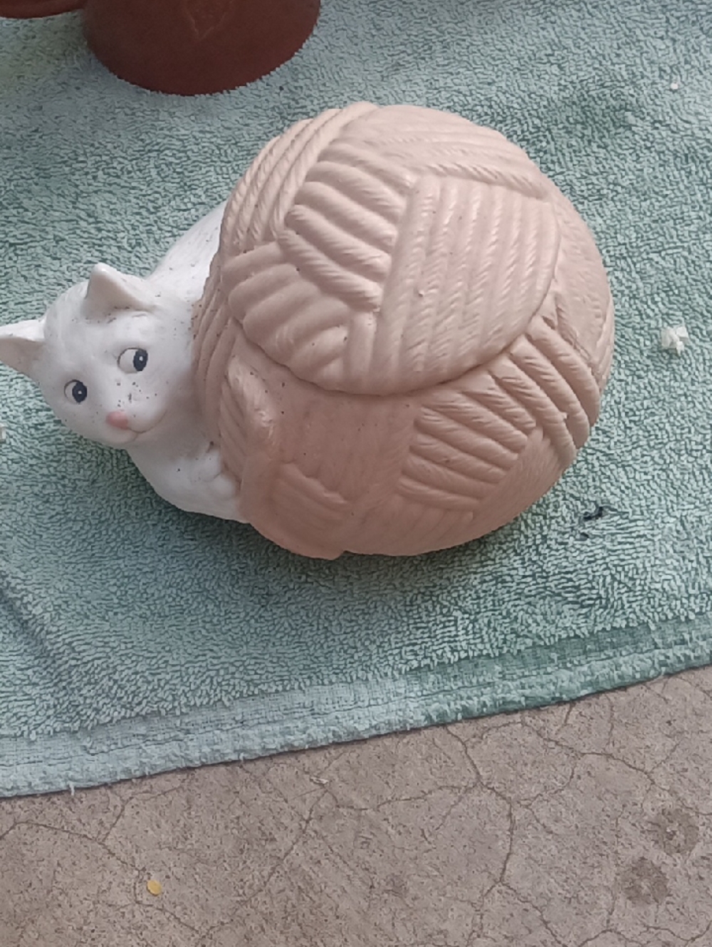 Ceramic Cat Figurine with Oversized Yarn Ball - Pink & White